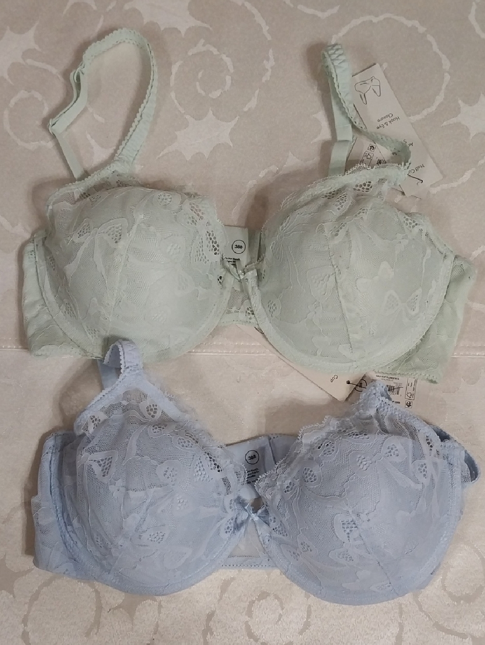 Set‎ Of 2 - Bow Lace Half Cup Plunge Bra NWT Size 38B Blue & Green Underwire